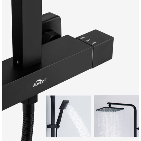 Auralum Schwarz Duschsystem mit Thermostat Regendusche Duscharmatur Duschset Dusche Duschsäule