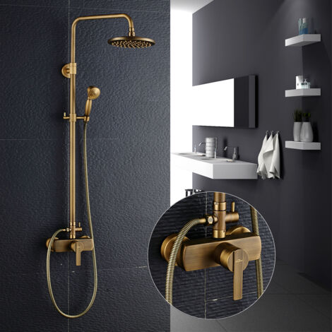 Auralum Messing Duschsystem Duscharmatur Handbrause Duschkopf Duscharmatur mit Rain shower Regendusche Einzelgriff Antik Messing fertig
