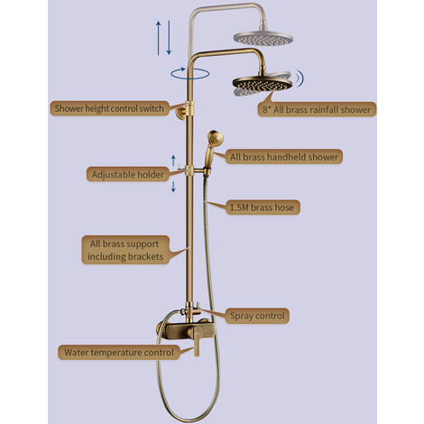 Auralum Messing Duschsystem mit schwenkbarer Duscharm für die Wandmontage Badzimmer Duscharmatur Regendusche mit höhenverstellbar Duschstange