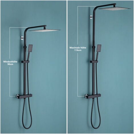 Auralum Edelstahl Duschsystem mit Thermostat Schwarz, 2 Funktion Wasserauslauf Duschset mit Kopfbrause 30x30cm und Höhenverstellbar Duschstange
