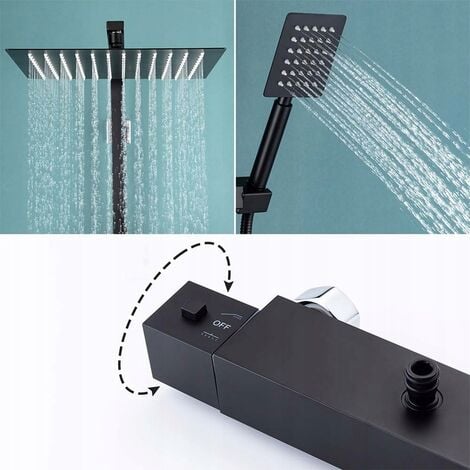 Auralum Edelstahl Duschsystem mit Thermostat Schwarz, 2 Funktion Wasserauslauf Duschset mit Kopfbrause 30x30cm und Höhenverstellbar Duschstange