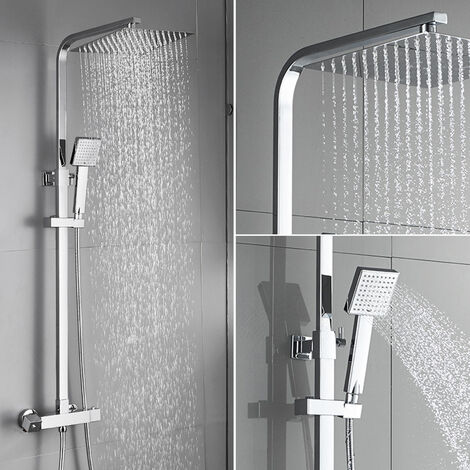 Auralum Thermostat Duschsystem, Regendusche mit Thermostatarmatur, quadratisches Duschset mit Kopfbrause, Handbrause und höhenverstellbarer Duschsäule, Chrom
