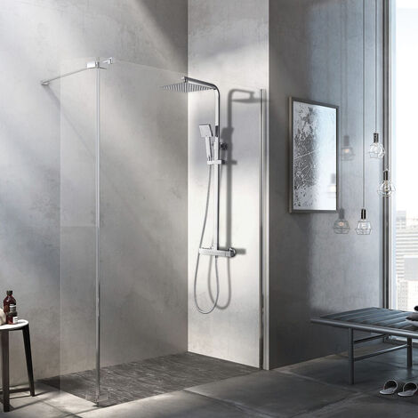 Auralum Thermostat Duschsystem, Regendusche mit Thermostatarmatur, quadratisches Duschset mit Kopfbrause, Handbrause und höhenverstellbarer Duschsäule, Chrom