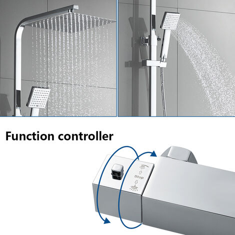 Auralum Thermostat Duschsystem, Regendusche mit Thermostatarmatur, quadratisches Duschset mit Kopfbrause, Handbrause und höhenverstellbarer Duschsäule, Chrom