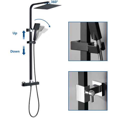 Duschsystem mit Thermostat, Schwarz Duschset Regendusche inkl. Kopfbrause, Handbrause, verstellbarer Duschstange, Dusche Duschpaneel Duschgarnitur Duschsäule Duscharmatur