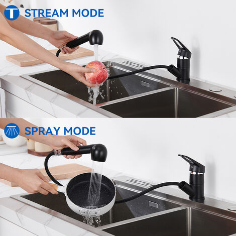Ausziehbarer Küchenwasserhahn Mattschwarz - Hoher Bogen, Dual Sprühmodus, Einhebelmischer