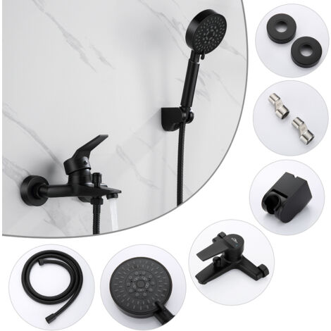 Auralum Badewannenarmatur mit Multifunktions-Handbrause Schwarz Matt Badewannen Armaturen Mischbatterie Set mit 5 Strahlarten Handbrause für Badewanne und Badzimmer