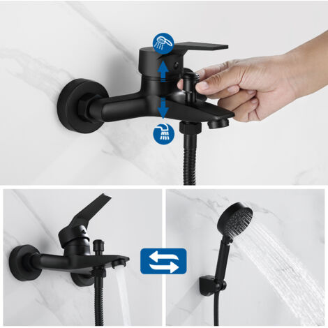 Auralum Badewannenarmatur mit Multifunktions-Handbrause Schwarz Matt Badewannen Armaturen Mischbatterie Set mit 5 Strahlarten Handbrause für Badewanne und Badzimmer