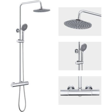 Auralum Duschsystem mit Armatur Thermostat, Duschset Duscharmatur inkl 9-Zoll Duschkopf und Handbrause mit 3 Halbgeraden, Duschstange mit Höhenverstellbar 840-1210 mm, Anti-Verbrühungs-Duschsystem