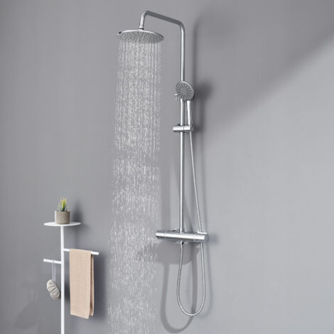 Auralum Duschsystem mit Armatur Thermostat, Duschset Duscharmatur inkl 9-Zoll Duschkopf und Handbrause mit 3 Halbgeraden, Duschstange mit Höhenverstellbar 840-1210 mm, Anti-Verbrühungs-Duschsystem
