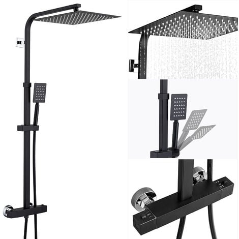 Duschsäulen mit Thermostat Schwarz Duschsystem Duschsäule mit 12 Zoll (ca. 30 cm) Regenkopf, Handbrause und verstellbarer Duschstange Duscharmatur Anti-Verbrühung-Duschsystem