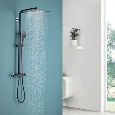 Duschsäulen mit Thermostat Schwarz Duschsystem Duschsäule mit 12 Zoll (ca. 30 cm) Regenkopf, Handbrause und verstellbarer Duschstange Duscharmatur Anti-Verbrühung-Duschsystem