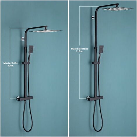 Duschsäulen mit Thermostat Schwarz Duschsystem Duschsäule mit 12 Zoll (ca. 30 cm) Regenkopf, Handbrause und verstellbarer Duschstange Duscharmatur Anti-Verbrühung-Duschsystem