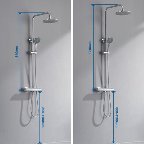 Duschsystem mit Thermostat Regendusche Edelstahl Regenkopf Runde Duschsäule Duschgarnitur Duscharmatur inkl. 3 Strahlarten Handbrause, höhenverstellbar Duschstange