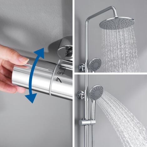 Duschsystem mit Thermostat Regendusche Edelstahl Regenkopf Runde Duschsäule Duschgarnitur Duscharmatur inkl. 3 Strahlarten Handbrause, höhenverstellbar Duschstange