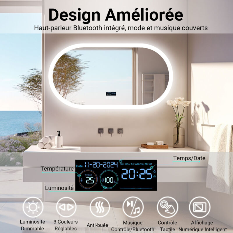 SogesHome Miroir Salle De Bain LED 60x80 Cm - Avec Anti-buée, Haut-parleur Bluetooth, 3 Couleurs De Lumière, Tactile - Montage Horizontal/vertical