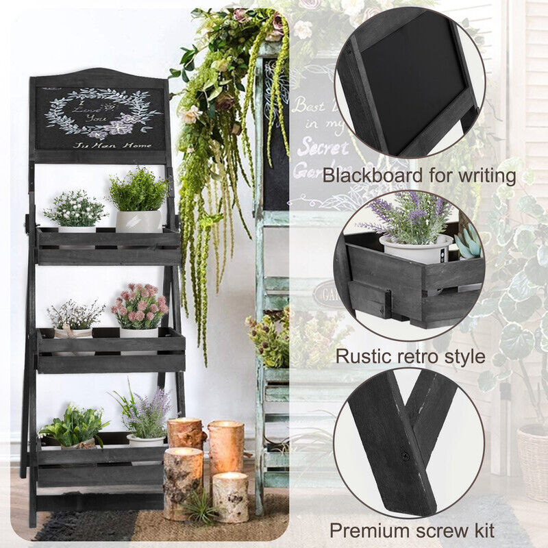 Étagère à Fleurs 3 Niveaux Relaxdays - Bois Noir 85,5x90x55 Cm - Pliable Pour Intérieur/Extérieur