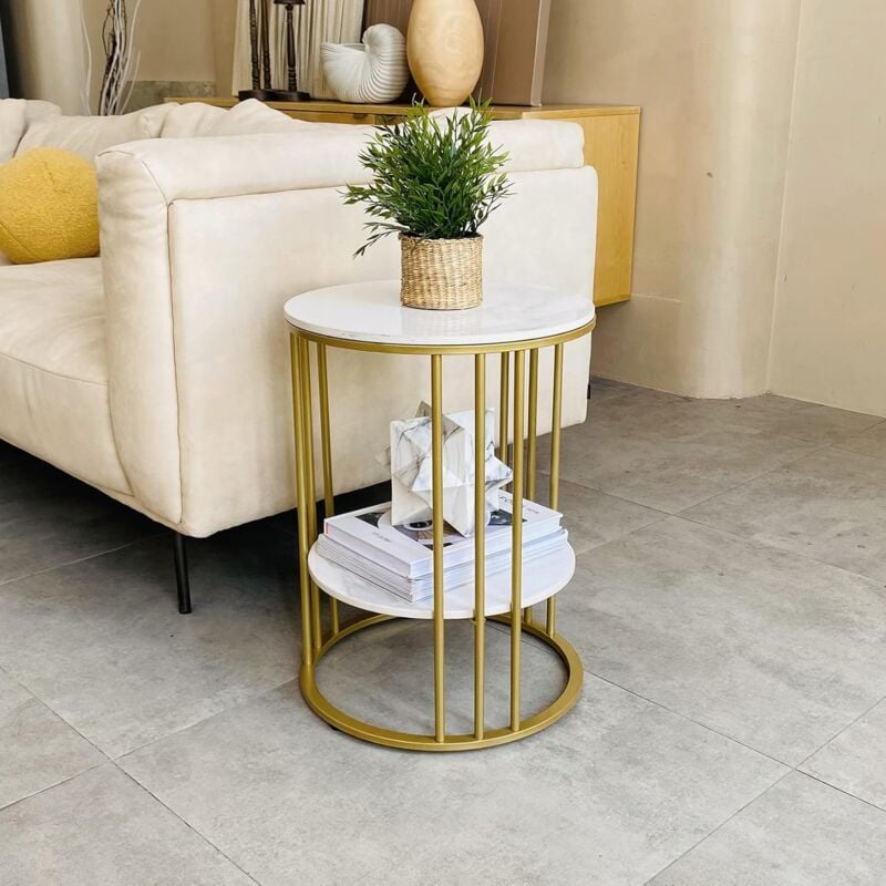 Table d'appoint marbre blanc doré EVO - Table Bout Canapé Design