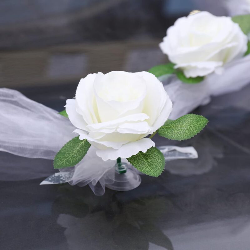 Ruban de voiture de mariage, Décorations de voiture de mariage, Fleurs  artificielles roses romantiques et ruban blanc, Décoration de voiture de  mariage de couple de mariée