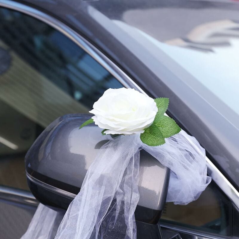Ruban de voiture de mariage, Décorations de voiture de mariage, Fleurs  artificielles roses romantiques et ruban blanc, Décoration de voiture de  mariage de couple de mariée
