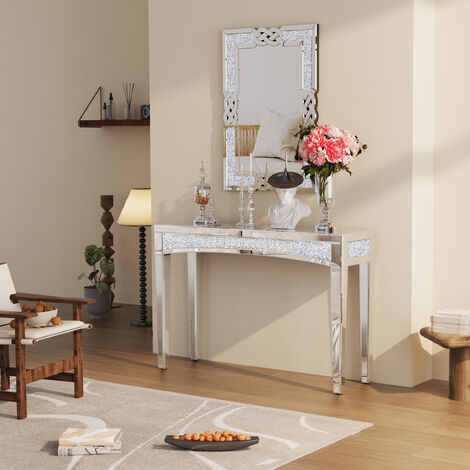 Unho – Table console en verre miroir – Dimensions 120x35x80.5cm – Finition en cristaux écrasés – Style moderne pour entrée ou salon