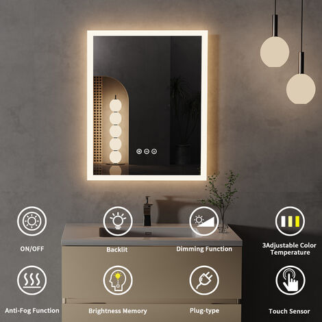 Miroir Salle De Bain LED – 40x50cm – 3 Lumières Réglables (Chaud/Neutre/Blanc) – IP44 – Interrupteur Tactile – USB - 2