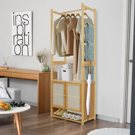 Armoire penderie en bambou - 2 portes coulissantes, 7 étagères, 2 barres - dim. 145L x 35l x 165Hcm - Achat & prix