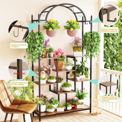 Grand Support Pot de Fleur en Métal 190x100x30cm Porte Plante Intérieure Industriel Haut avec 8 Étagère pour Salon Hôtel
