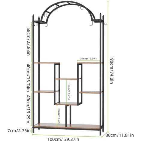 Grand Support Pot de Fleur en Métal 190x100x30cm Porte Plante Intérieure Industriel Haut avec 8 Étagère pour Salon Hôtel