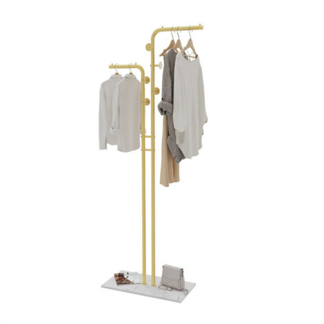 Unho – Porte manteau sur pieds en métal doré et marbre blanc – 5 crochets – Dimensions 60x30x176cm – Charge 10kg par cintre