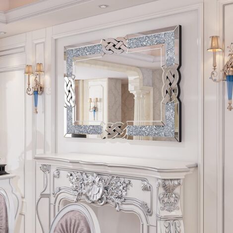 Luvodi – Miroir mural décoratif rectangulaire 100x70cm – Cadre en verre avec cristaux – Montage mural pour salon, chambre ou salle de bain
