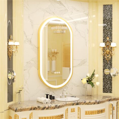 Luvodi – Miroir lumineux de salle de bain ovale 100x50 cm – Anti-buée avec fonction mémoire – Lumière 3 couleurs – Cadre doré élégant