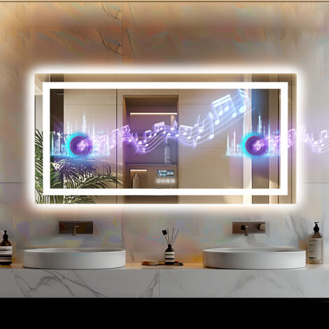 Miroir Salle de Bain LED Bluetooth - 120×60cm Miroir lumineux de salle de bain Regtanglaire Anti Buée, Affichage de L'heure et Température, Miroir Cosmétique avec 3 LED Couleurs, IP56