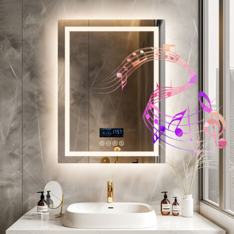 Luvodi – Miroir lumineux de salle de bain 60x80 cm – Bluetooth avec haut-parleurs – Anti-buée – Affichage heure et température – 3 couleurs LED
