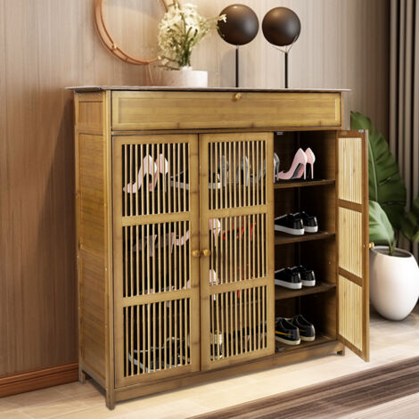 Unho – Meuble à chaussures en bambou 98x32x93cm – Armoire vintage avec tiroir – 4 étagères pour 16 à 18 paires – Ventilation anti-odeurs