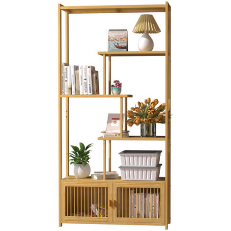 Unho – Bibliothèque en bambou naturel – Étagère de rangement 4 niveaux ouvertes + 1 cabinet fermé – Dimensions 85,5 x 28 x 176 cm – Style rustique (1/5)