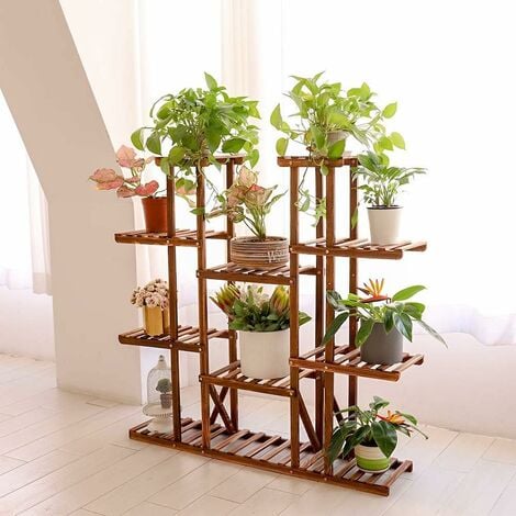 UNHO Porte Plante en Bois 116 x 115 x 25cm Étagère Echelle Grande Pour Plantes Fleurs avec 11 Tablettes Pour Jardin Terrasse Balcon