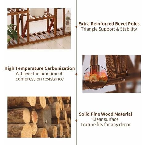 UNHO Porte Plante en Bois 116 x 115 x 25cm Étagère Echelle Grande Pour Plantes Fleurs avec 11 Tablettes Pour Jardin Terrasse Balcon