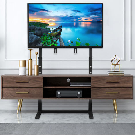Support TV sur Pied avec Base en Verre Trempé, Hauteur Réglable Pied TV