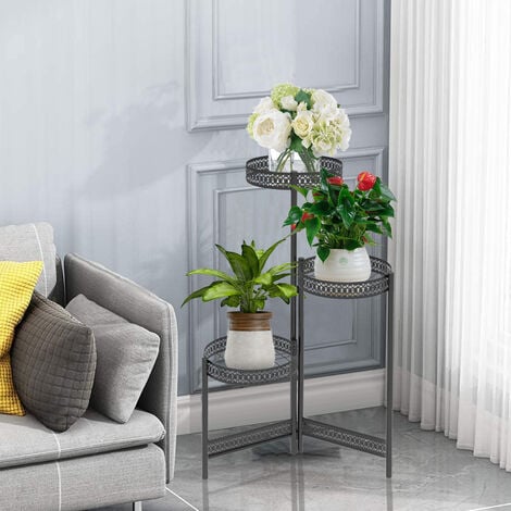 Étagère à Fleurs Fer Forgé - Porte Plante Intérieur Extérieur avec 3 Niveaux Echelle Escalier Pour Jardin Balcon Terrasse
