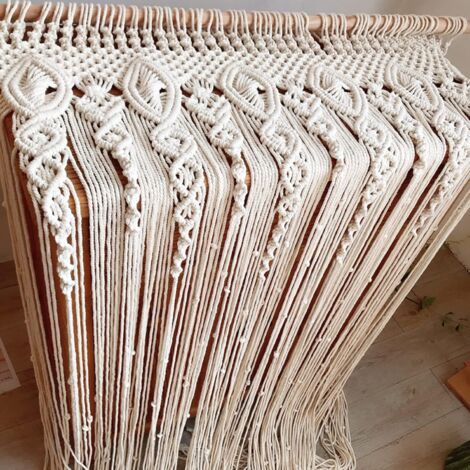 Décoration Murale Macramé Bleu - Art Fait Main En Coton Et Bois De Noyer - Pour Toutes Les Pièces