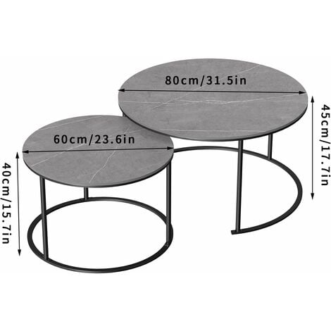 Table Basse Gigogne Salon Marbre: Lot de 2 Tables Gigognes Ronde Industrielle Bout de Canapé Design Grise Set Table Café Moderne avec Pieds Noire en Métal - φ80x45cm φ60x40cm