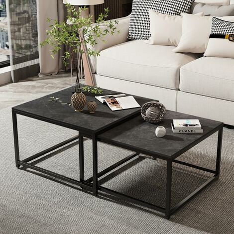 Table Basse Gigogne Salon Marbre: Tables Gigognes Carrées Industrielle Lot de 2 Bout de Canapé Design Grise Set Table Café Moderne avec Pieds Noire en Métal - Noir 70x70x48cm 60x60x43cm