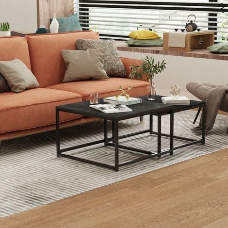 Table Basse Gigogne Salon Marbre: Tables Gigognes Carrées Industrielle Lot de 2 Bout de Canapé Design Grise Set Table Café Moderne avec Pieds Noire en Métal - Noir 70x70x48cm 60x60x43cm