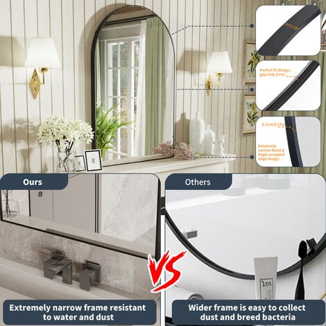 Miroir Mural Design - Miroir Entrée Maison Salle de Bain Noir Décoration Miroir Deco Salon Chambre Cadre Métal - Arqué  96x66x3cm