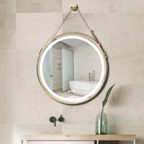 Luvodi – Miroir lumineux de salle de bain rond 60cm – Cadre doré en aluminium – Éclairage LED anti-buée – Tactile avec 3 couleurs