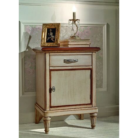 MOBILI 2G - Comodino 1 cassetto 1 porta Classico Legno Shabby Bicolore  52x40x72