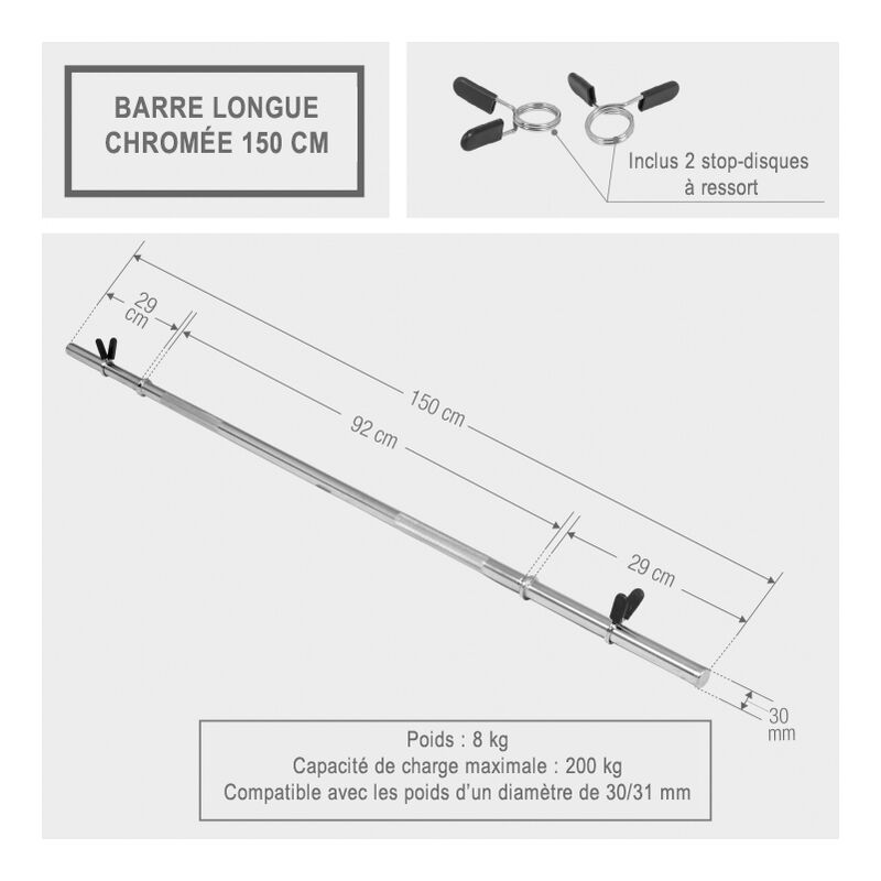 Barre de musculation droite standard 150 cm pour disques de poids