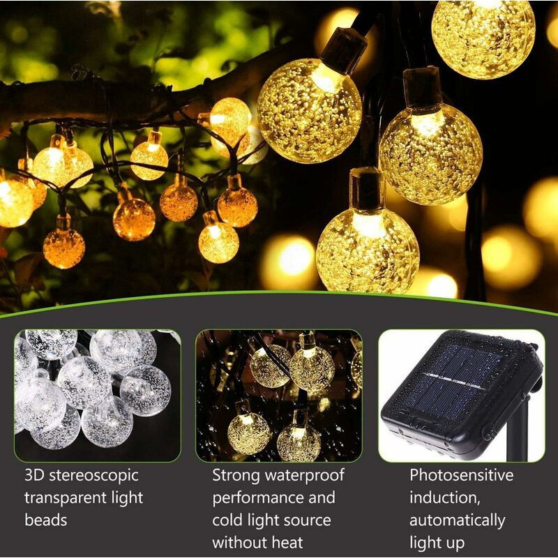 Outdoor Solar Lichterketten, 4.5m 30 LED Kristallkugel Lichterketten mit 2  Beleuchtungsmodi Lichtdekoration für Weihnachten, Baum, Garten, Terrasse,  Balkon, Warmweiß
