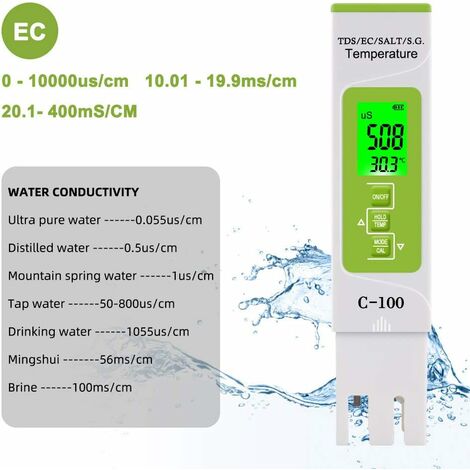 PH-Tester PH-Messgerät Salzgehaltstester 5 in 1 Funktion Wasserqualitätstest Messgerät Salzgehaltstemperatur PH TDS EC-Tester Wasserqualitätstester 